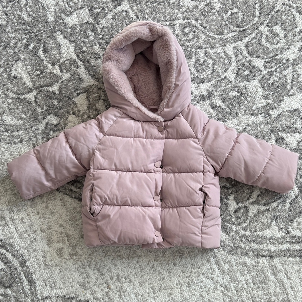 Mauve Pink Puffer Jacket Fur Line with Hood